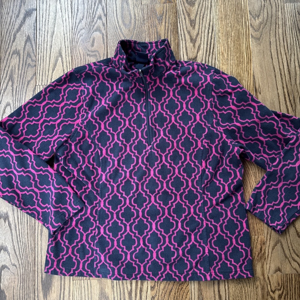 Lands' End Women's LP Fleece Quarter Zip Pullover Pink Black Geo Print